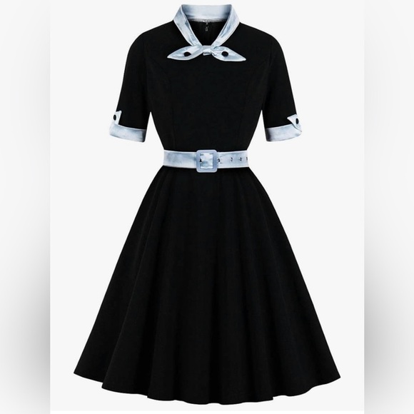 NWOT Elegant Black Dress with Blue Accents 50’s Style size L - Picture 7 of 12